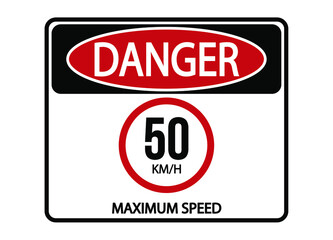 Danger maximum speed 50km/h. Maximum permitted speed warning sign.