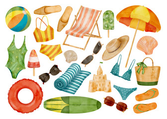 Watercolor beach vacation set. Hand drawn swimsuit, beach umbrella, chair, sun hat, bag, flip flops, swim ring, sand castle, ice cream, towel and sunglasses isolated on white. Summer illustration
