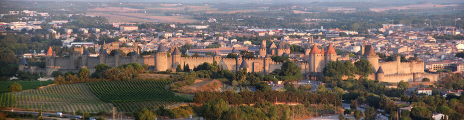 Fototapeta na wymiar Panorama of the old city fortress of Carcassonne with medieval walls and towers in Aude, Occitanie region in France