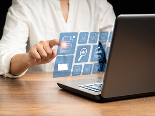Businesswoman reading digital documents on a virtual screen