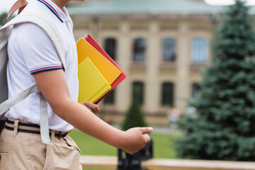 Cropped view of schoolboy with notebooks walking outdoors.