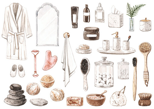 Watercolor objects of beauty routine: bathrobe, mirror, shampoo and cosmetics, face serum, brushes, toothbrush, soap, salt in bowl, gum sha, towel, comb, cotton wool.