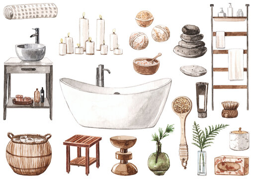 Isolated set of the watercolor objects for bathroom and spa. Bathtub, sink, towel, candles, wicker basket, brushes, soap, stools, cosmetics and beauty products.