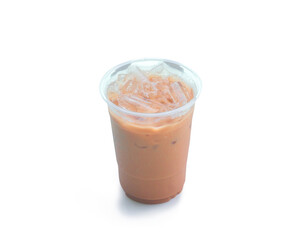 Orange Thai iced condensed milk tea in transparent plastic glass isolated on white background with clipping path