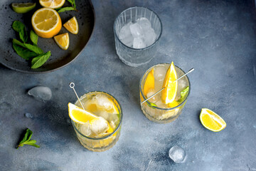 citrus lemonade with mint and lemon in the glass with ice cubes. fresh ingredients lemon and mint on gray ceramic plate