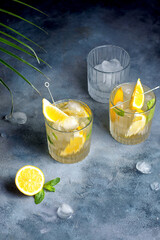 citrus lemonade with mint and lemon in the glass with ice cubes.