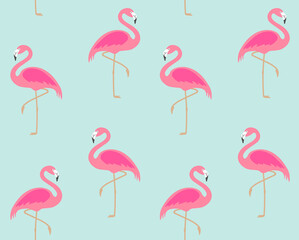 Vector seamless pattern of flat flamingo isolated on mint background - obrazy, fototapety, plakaty