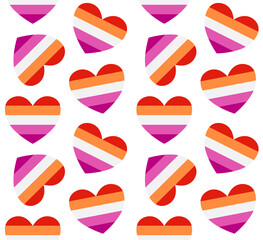 Vector seamless pattern of flat lesbian lgbt flag heart isolated on white background