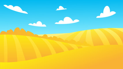 Fototapeta na wymiar Rural summer landscape with a field of ripe wheat on the background. Vector illustration with golden grain valley. Farm autumn harvest. Ukraine flag