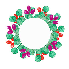 Round watercolor frame from northern leaves, round leaves, red and burgundy berries template, your inscription
