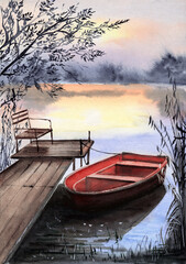 Watercolor illustration of a red fishing boat near a wooden jetty on a lake, with reeds on the left and trees on the right
