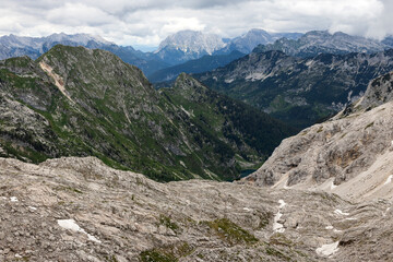 Fototapeta na wymiar Panorama from Under the Mount Krn to the Valley of Krn Lake - Julian Alps Slovenia