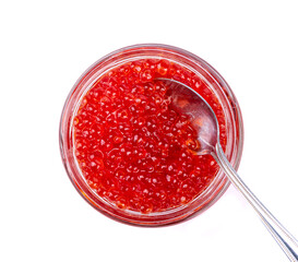Glass jar with red caviar and metal spoon isolated on white background. - obrazy, fototapety, plakaty