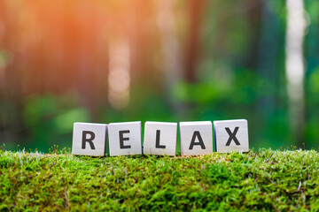 Wooden cubes with the word relax on a fallen old mossy tree in a green forest.