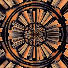 pattern and creative design in metallic gold bronze orange and shades of brown inspired shelves of antique books circular style