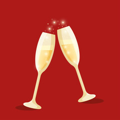 Two glasses with champagne and splashes, New Year celebration, Valentine's Day, birthday, isolated vector illustration on red background