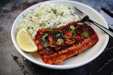 Homemade Blackened salmon served with cilantro lime rice