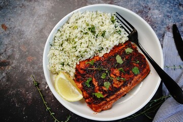 Homemade Blackened salmon served with cilantro lime rice