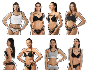 Collage with photos of slim young women wearing beautiful underwear on white background....