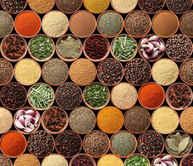 Fototapeta na wymiar Collection of different aromatic spices and herbs on black background, flat lay
