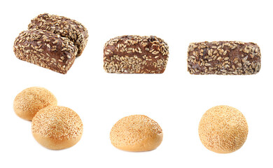 Collage with different bread on white background