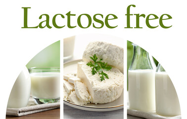 Collage with photos of lactose free dairy products on white background