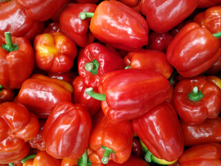 Top view of a red bell peppers in a tray 