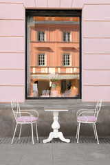 WARSAW, POLAND - MARCH 22, 2022: Beautiful view of modern cafe with outdoor terrace