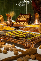 Turkish baklava. Ramadan sweets. Ramadan background. Sweet food. Smorgasbord buffet in hotel 