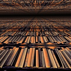 Obraz na płótnie Canvas pattern and creative design in metallic gold bronze orange and shades of brown inspired shelves of antique books 3d
