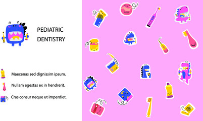 Leaflet. Ad. Brochure. Pediatric dentistry. Cute cartoon illustration in a flat style. Dinosaurs with toothpaste, dental floss, toothbrush, irrigator. Dino brush their teeth and have fun.  
