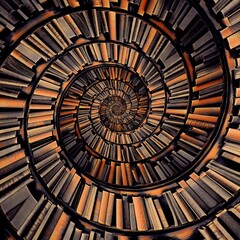 pattern and creative design in metallic gold bronze orange and shades of brown inspired shelves of antique books in spiral design