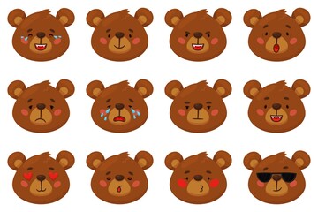 Cartoon bear emoji. Funny animal emotions, brown grizzly faces, different moods, heads expressions, wilde forest mammal, smile and crying, angry and happy, comic stickers, recent vector set