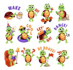 Cartoon turtle. Cute funny animals characters, smiling little turtle in different poses, actions and emotions, comic mascot with various phrases, stickers collection, tidy vector set