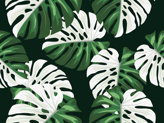 Monstera with spotted leaves. Monstera  leaves seamless pattern design, vector illustration.