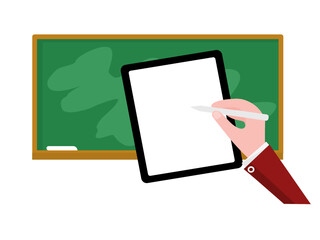 hand of teacher man writing on tablet with blackboard background. technology concept and education.