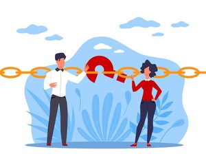 Incomplete connection. Missing link. Point of weakness, chain breaking, question sign. Webpage mistake. Internet traffic failure. Man and woman standing, error symbol vector cartoon flat concept