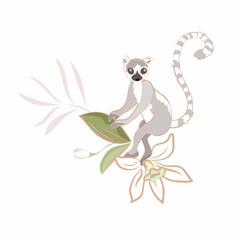 Vector hand drawn Illustration of cute funny lemur on branch on white background isolated