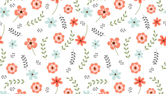 Seamless pattern background with colourful flowers. Cute botanical shapes, leaves, decorative abstract vector illustration