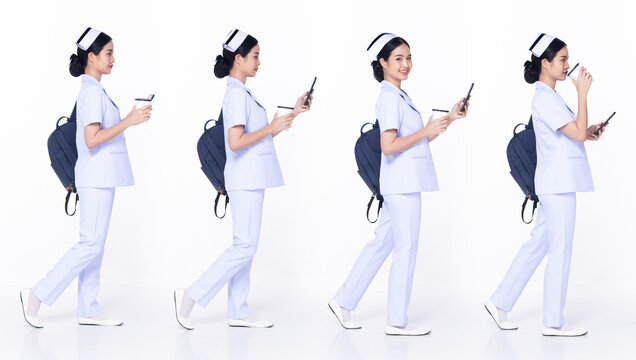 Full Length 30s 20s Asian Woman Nurse Hospital, Walking Forward Left Right