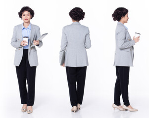 Full length 30s 40s Asian Woman teacher manager business, 360 turn front side back rear