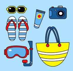 Vacation vibe. This is a set of essential items for a beach holiday. Illustration in a flat style.