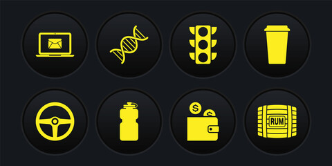 Set Steering wheel, Coffee cup, Sport bottle with water, Wallet coin, Traffic light and DNA symbol icon. Vector