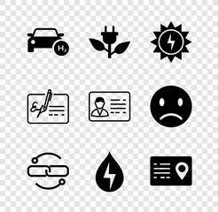Set Hydrogen car, Electric saving plug in leaf, Solar energy panel, Chain link line, Water, Address book, Signed document and Identification badge icon. Vector