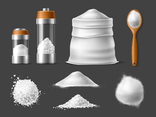 Fototapeta Realistic salt. White sea salt, natural cooking ingredient, crystals and powder, piles side and top view, shaker and wooden spoon, spices product, 3d isolated elements, utter vector set obraz