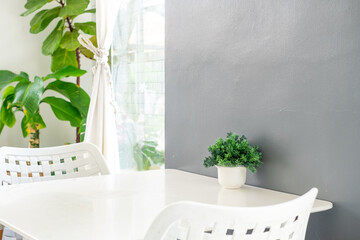 Fake plants in white pots on a white table in a corner of a restaurant, decorated in coffee shops and offices.