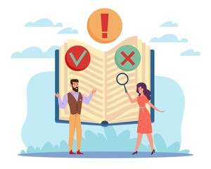 Research and analysis fake news. Search for evidence read text, false and true informstion, people find mistake, man and wonam with huge book, gossip in internet. Vector cartoon flat concept
