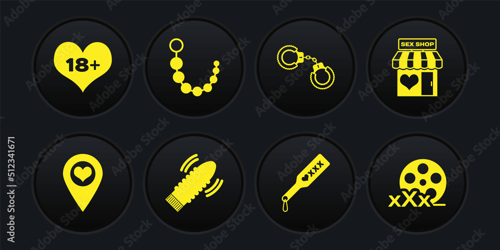 Poster Set Location with heart, Sex shop building, Dildo vibrator for sex games, Spanking paddle, Sexy fluffy handcuffs, Anal beads, Film reel and 18 plus content icon. Vector