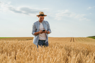 Happy farmer using mobile phone while standing in his growing  wheat field.	