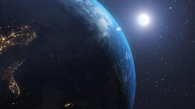 Sunrise over rotating planet earth in space. Planet earth from outer space. Spinning planet earth animation. Stars, galaxy, planet, and sunset above the globe. Oceans, clouds, and cities. 3D-Render.